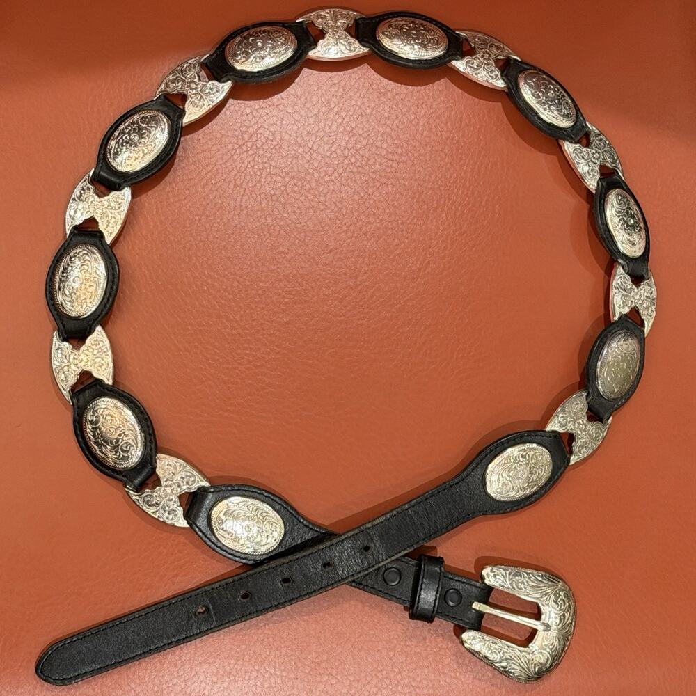 VINTAGE Tony Lama Western Concho Belt Sz 36 Black Leather Silver Tone USA 5293L - Picture 1 of 16
